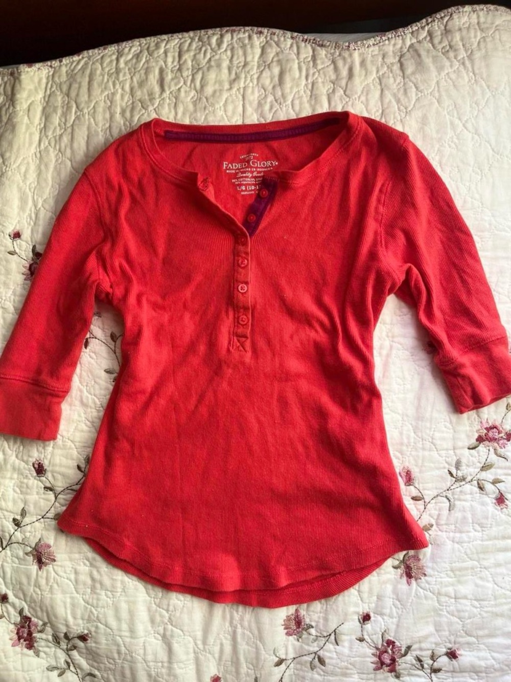 Faded Glory Red Waffle 3/4 Sleeve Henley Top - Picture 8 of 8
